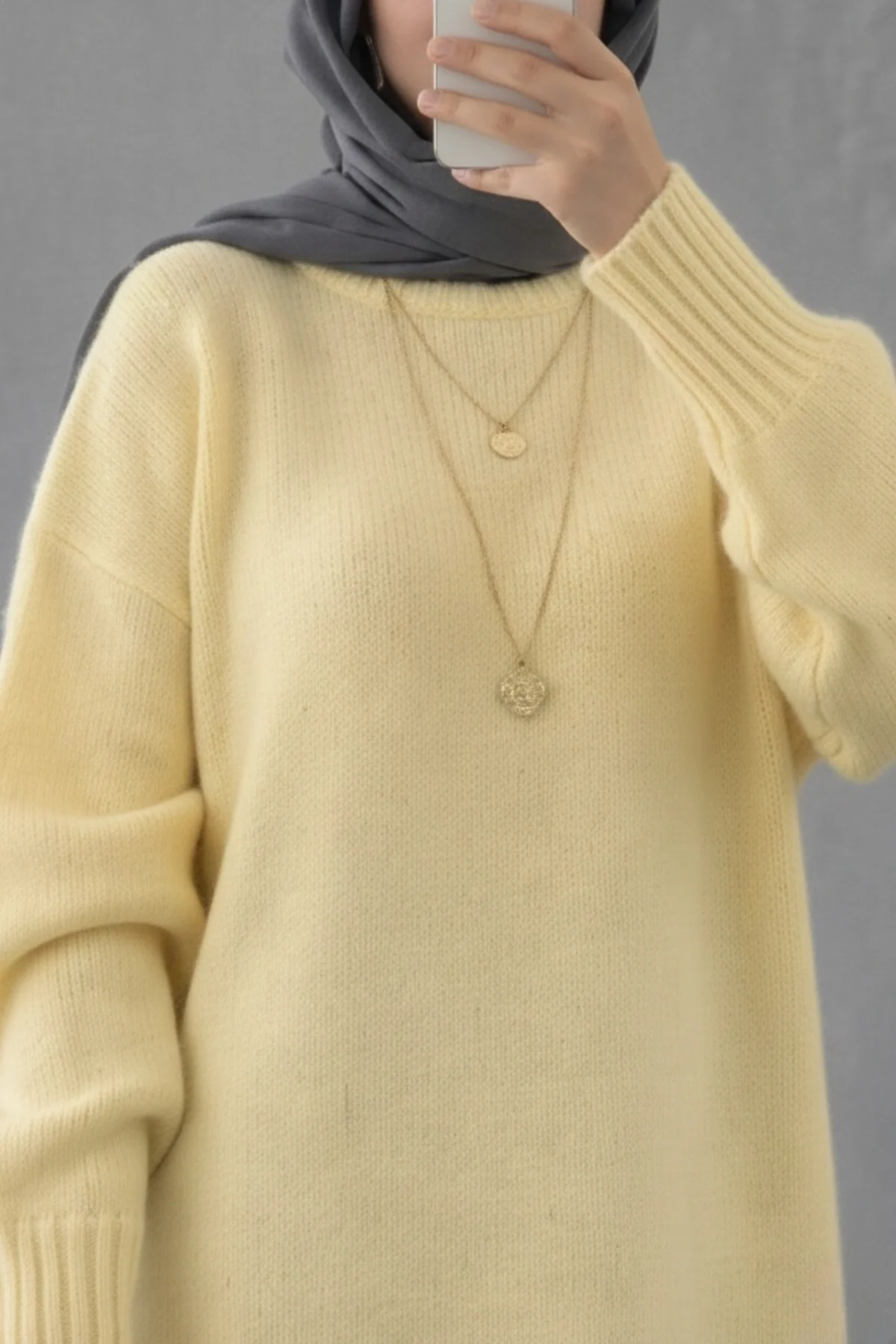 Kadın Sarı Bisiklet Yaka Balon Kollu Oversize Triko Tunik Kazak