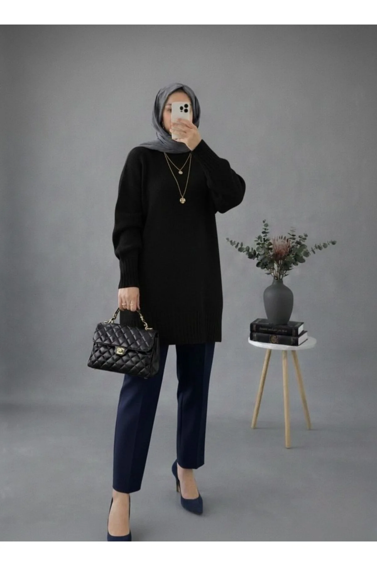 Kadın Siyah Bisiklet Yaka Balon Kollu Oversize Rahat Kalıp Triko Tunik Kazak