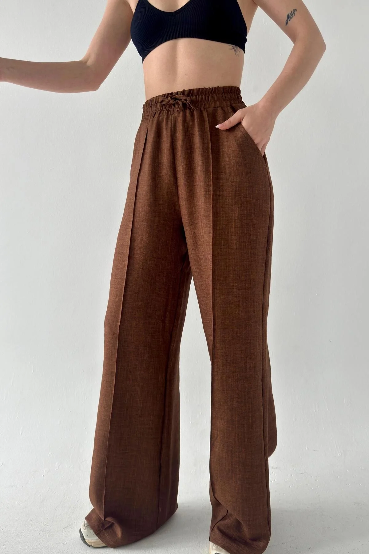 Sofia Kadın Kahve Yüksek Bel Beli Lastikli Dökümlü Keten Palazzo Pantolon