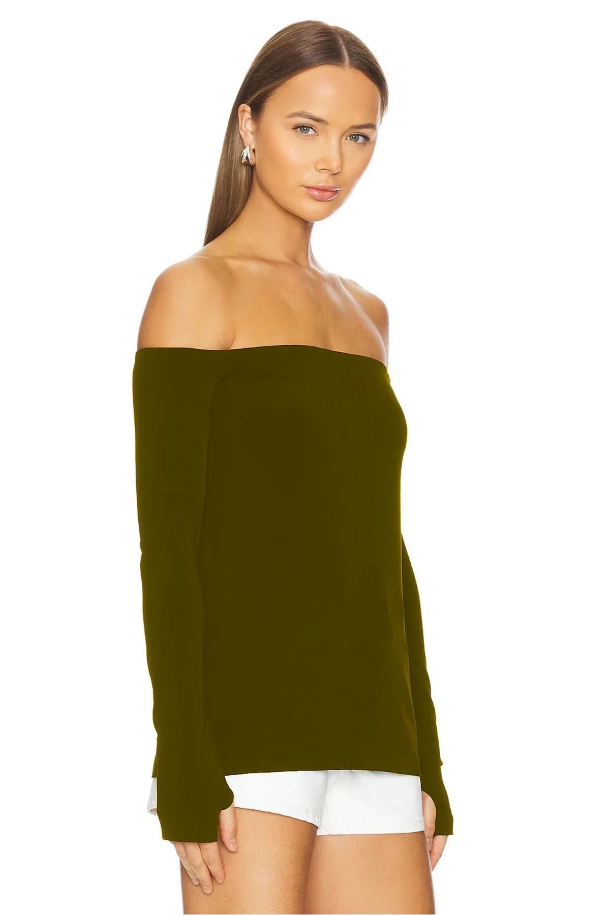 Kadın Haki Madonna Yaka Uzun Kollu Parmak Geçmeli Sandy Kumaş Bluz