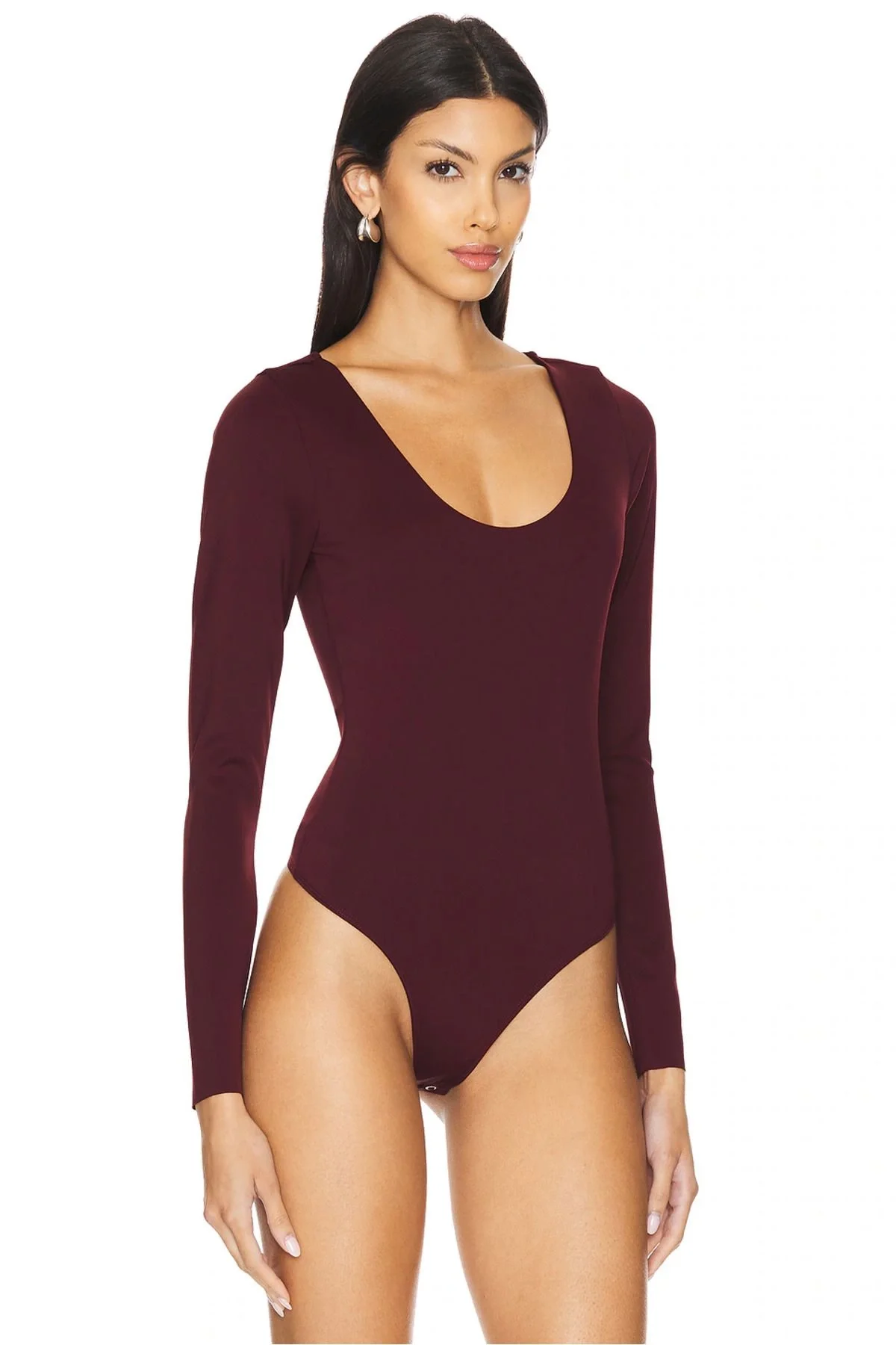 Kadın Bordo Geniş U Yaka Uzun Kollu İpek Jarse Kumaş Tanga Kesim Bodysuit Zıbın