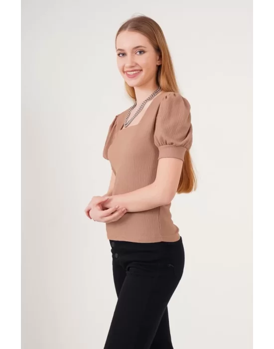 0409 Kare Yaka Örme Bluz - B.Kahverengi