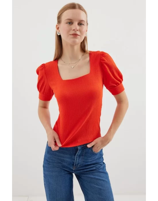 0409 Kare Yaka Örme Bluz - Oranje