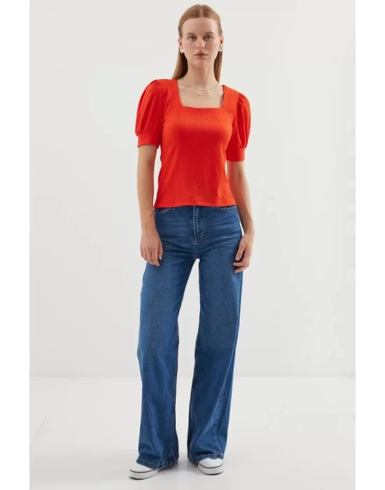 0409 Kare Yaka Örme Bluz - Oranje