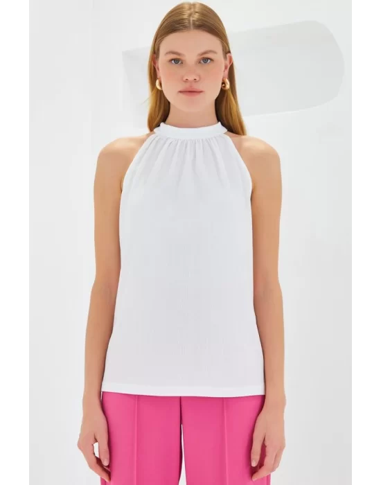 0489 Halter Yaka Örme Bluz - Beyaz