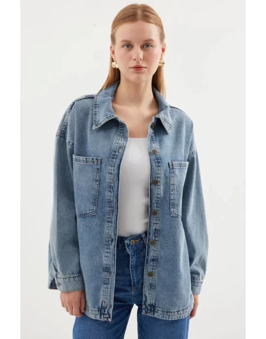 0694 Çift Cepli Oversize Denim Ceket - Buz Mavi