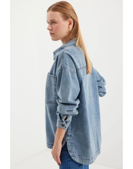 0694 Çift Cepli Oversize Denim Ceket - Buz Mavi