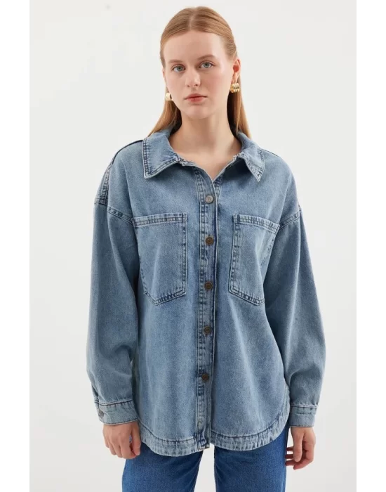 0694 Çift Cepli Oversize Denim Ceket - Buz Mavi