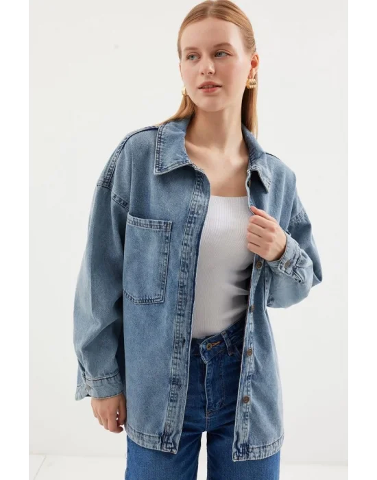 0694 Çift Cepli Oversize Denim Ceket - Buz Mavi