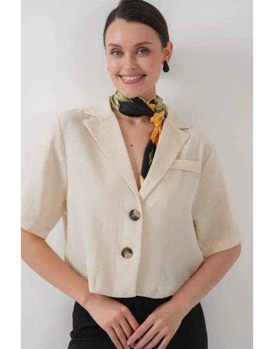 0706 Crop Keten Ceket - M. Krem