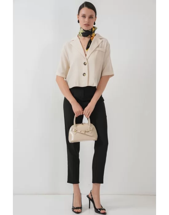 0706 Crop Keten Ceket - M. Krem