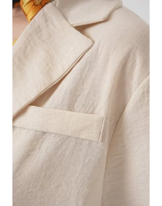 0706 Crop Keten Ceket - M. Krem