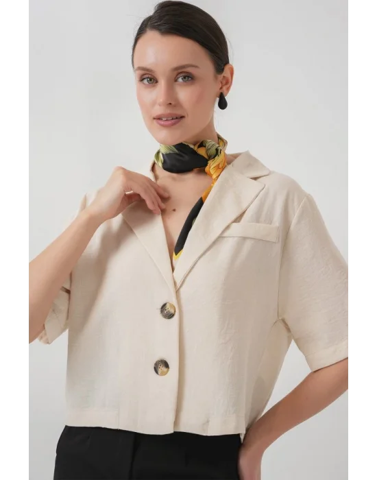 0706 Crop Keten Ceket - M. Krem