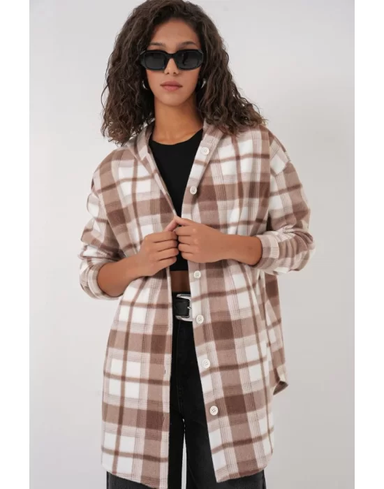 0710 Kapüşonlu Oversize Gömlek - Kahverengi