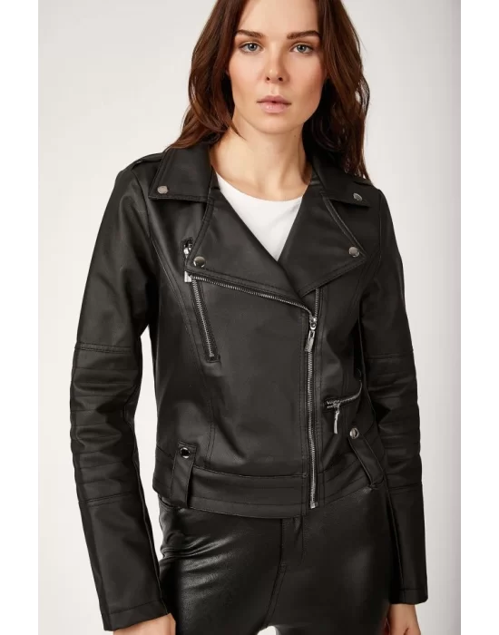 1025 Suni Deri Biker Ceket - Siyah