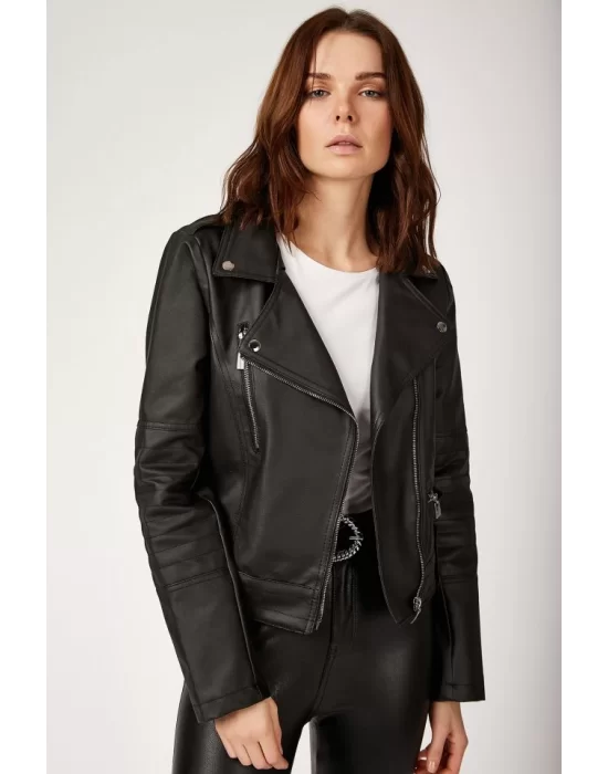 1025 Suni Deri Biker Ceket - Siyah