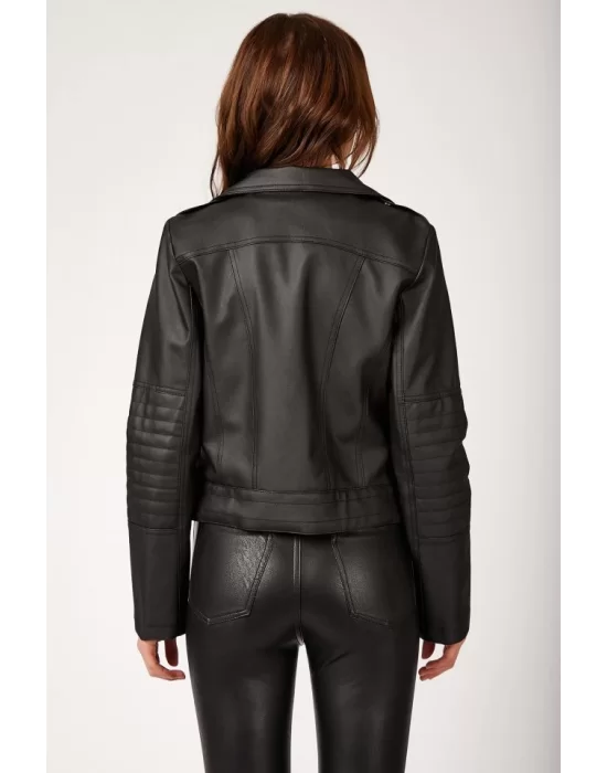1025 Suni Deri Biker Ceket - Siyah