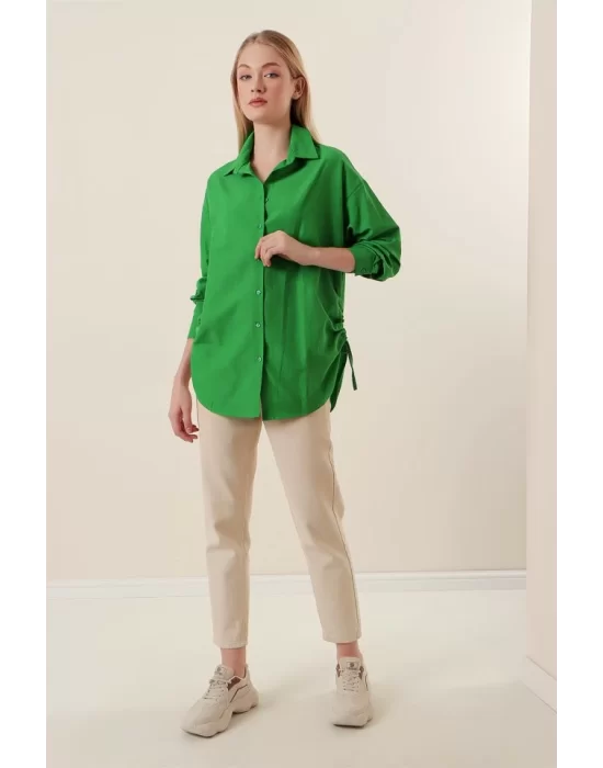 20132 İp Büzgülü Oversize Gömlek - Yeşil