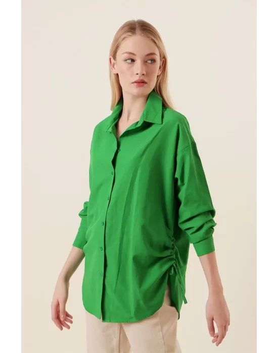 20132 İp Büzgülü Oversize Gömlek - Yeşil
