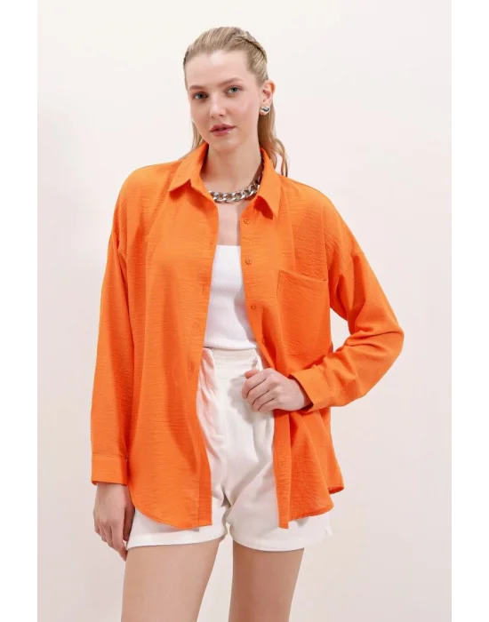 20153 Tek Cepli Oversize Keten Gömlek - Oranje