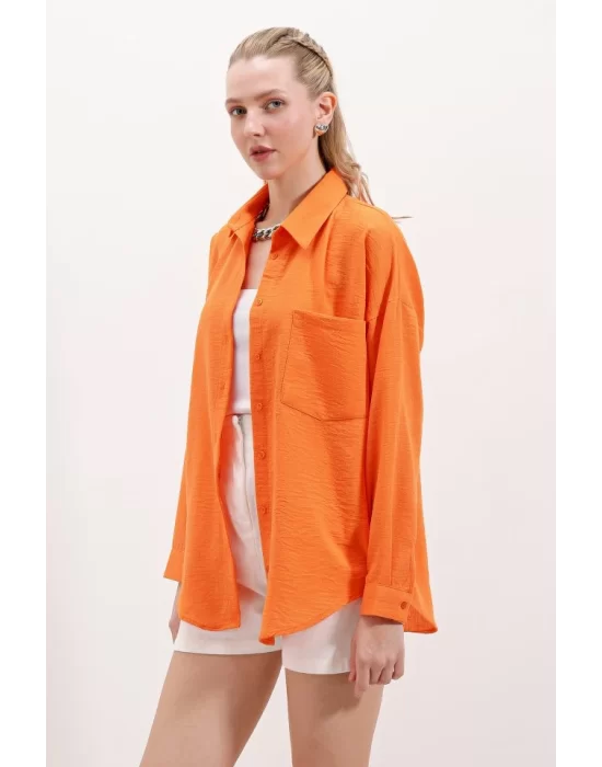 20153 Tek Cepli Oversize Keten Gömlek - Oranje