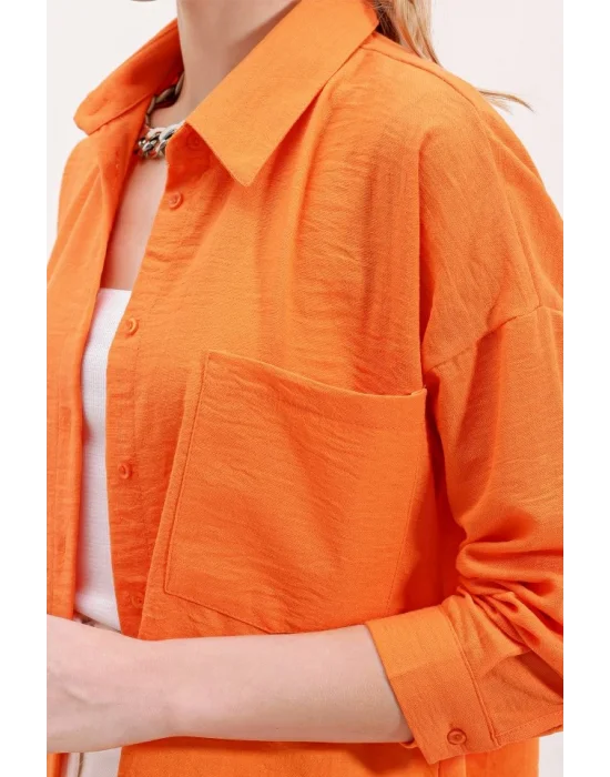 20153 Tek Cepli Oversize Keten Gömlek - Oranje