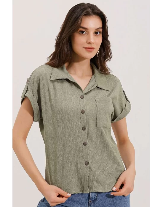20187 Kısa Kol Oversize Örme Gömlek - Çağla