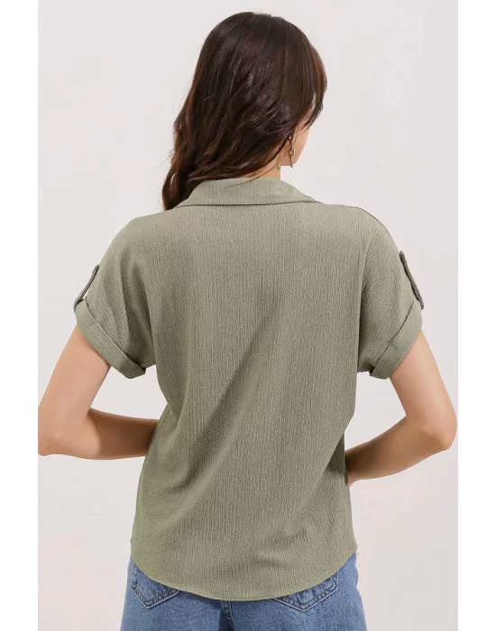 20187 Kısa Kol Oversize Örme Gömlek - Çağla
