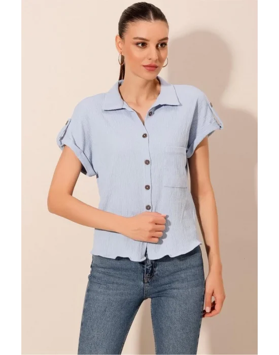 20187 Kısa Kol Oversize Örme Gömlek - Mavi