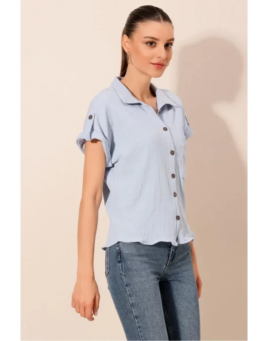 20187 Kısa Kol Oversize Örme Gömlek - Mavi