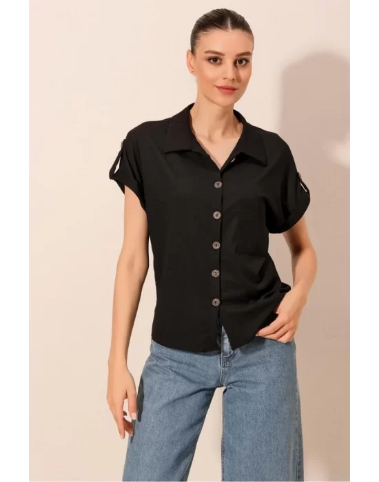 20187 Kısa Kol Oversize Örme Gömlek - Siyah