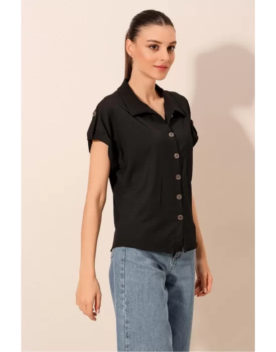 20187 Kısa Kol Oversize Örme Gömlek - Siyah