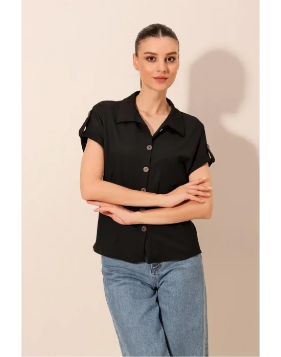 20187 Kısa Kol Oversize Örme Gömlek - Siyah