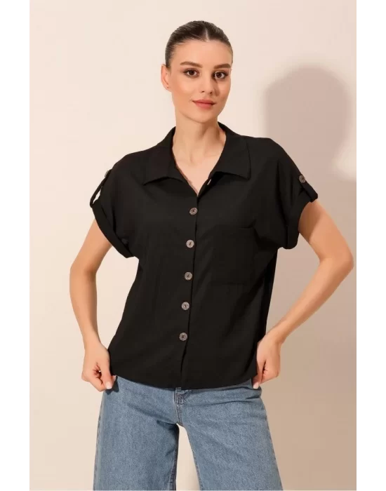 20187 Kısa Kol Oversize Örme Gömlek - Siyah