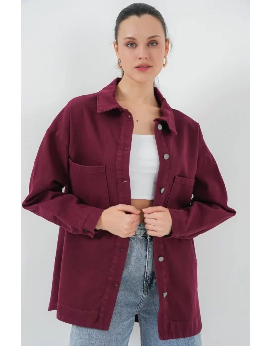 20192 Oversize Gabardin Gömlek Ceket - Bordo
