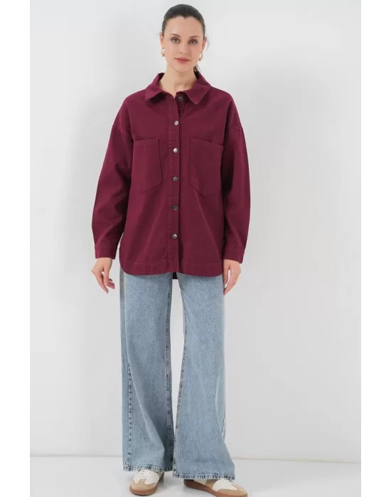 20192 Oversize Gabardin Gömlek Ceket - Bordo