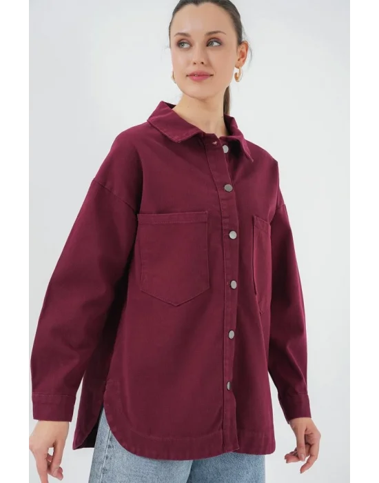 20192 Oversize Gabardin Gömlek Ceket - Bordo