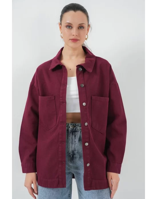 20192 Oversize Gabardin Gömlek Ceket - Bordo