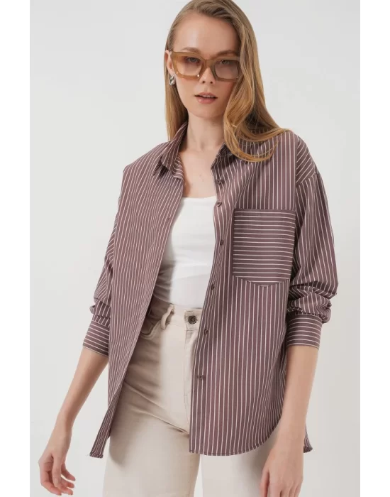 20205 Çizgili Oversize Gömlek - Kahverengi