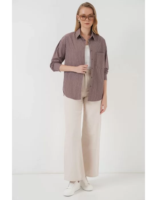 20205 Çizgili Oversize Gömlek - Kahverengi