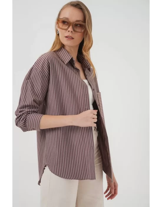 20205 Çizgili Oversize Gömlek - Kahverengi