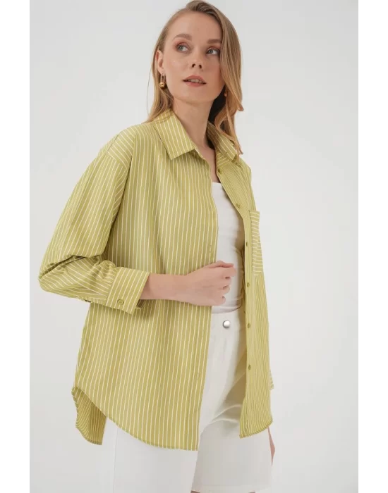 20205 Çizgili Oversize Gömlek - Yağ Yeşil