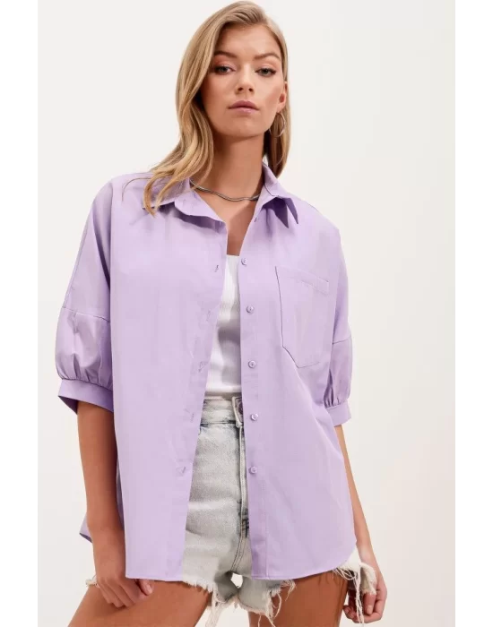 20213 Oversize Kısa Kol Basic Gömlek - Lila