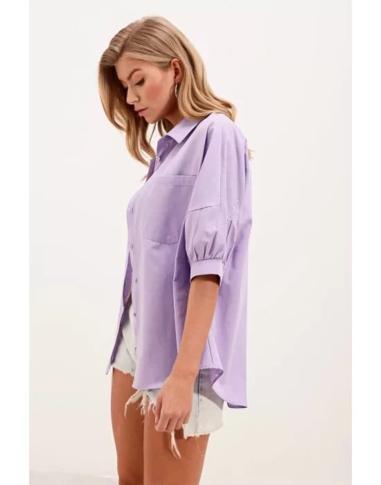 20213 Oversize Kısa Kol Basic Gömlek - Lila