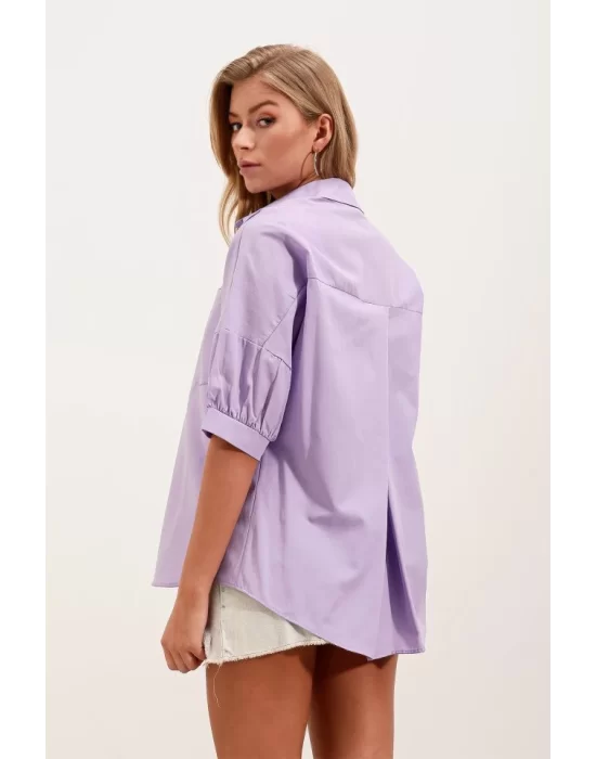 20213 Oversize Kısa Kol Basic Gömlek - Lila