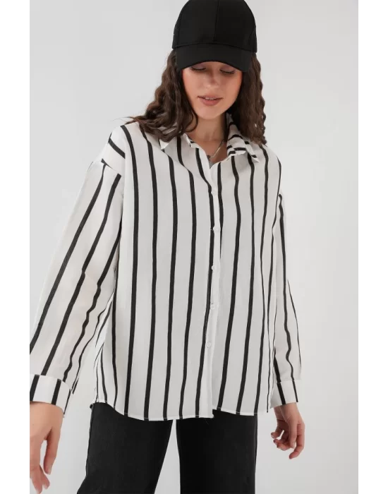 20254 Çizgili Oversize Basic Gömlek - Siyah - Beyaz