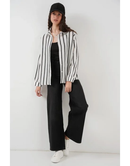 20254 Çizgili Oversize Basic Gömlek - Siyah - Beyaz