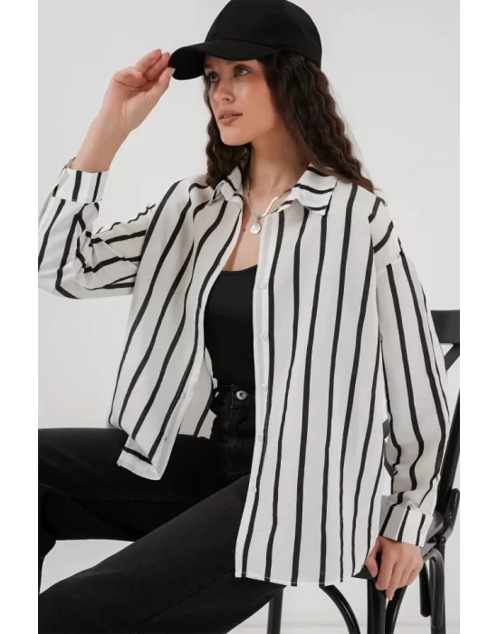 20254 Çizgili Oversize Basic Gömlek - Siyah - Beyaz