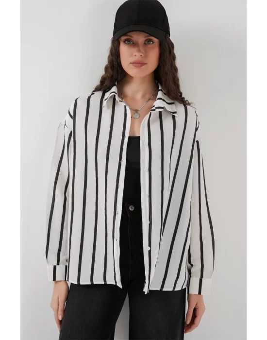 20254 Çizgili Oversize Basic Gömlek - Siyah - Beyaz
