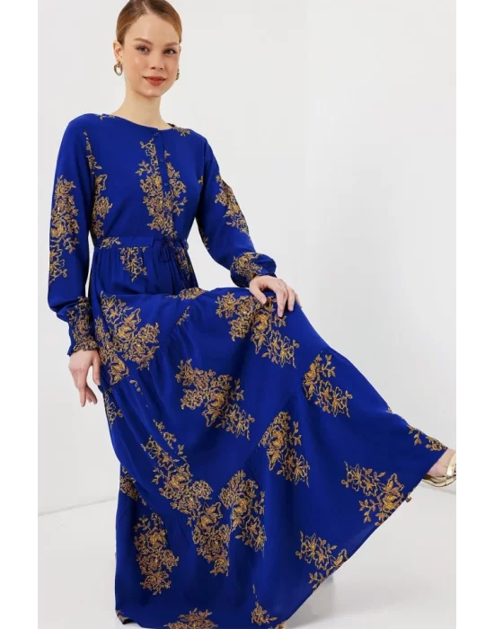 2145 Desenli Tesettür Elbise - Saks